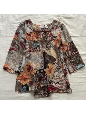 Chico’s Silk Patchwork Floral Blouse Beaded Boho Artsy Top Size M